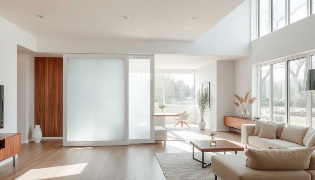 A spacious, bright, and modern living room with a sleek, white sliding door system taking center stage. The door glides effortlessly on concealed tracks, seamlessly transitioning between the living area and an adjacent room, creating a fluid, open-concept layout. Abundant natural light filters through the translucent glass panels, illuminating the minimalist decor and warm wood accents. The door's simplistic design complements the airy, contemporary aesthetic, allowing it to seamlessly blend into the surrounding architecture. Strategically placed lighting fixtures cast a soft, diffused glow, enhancing the tranquil atmosphere and highlighting the door's clean lines. The sliding mechanism operates with precision, enabling easy space division and zoning to suit the homeowner's needs.