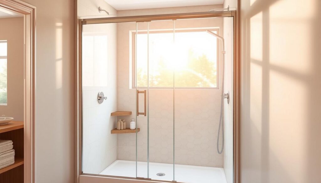 A spacious, contemporary 90x90 corner shower enclosure with a sleek sliding door entry. The tempered glass panels reflect the warm, natural lighting filtering in from a large window, creating a bright, airy atmosphere. Streamlined chrome fixtures and a minimalist frameless design offer a clean, modern aesthetic. The unit is positioned in a tiled bathroom with neutral tones, blending seamlessly into the serene, spa-like ambiance. Precise engineering and high-quality materials ensure a sturdy, durable construction that optimizes the available space for a practical, comfortable shower experience.