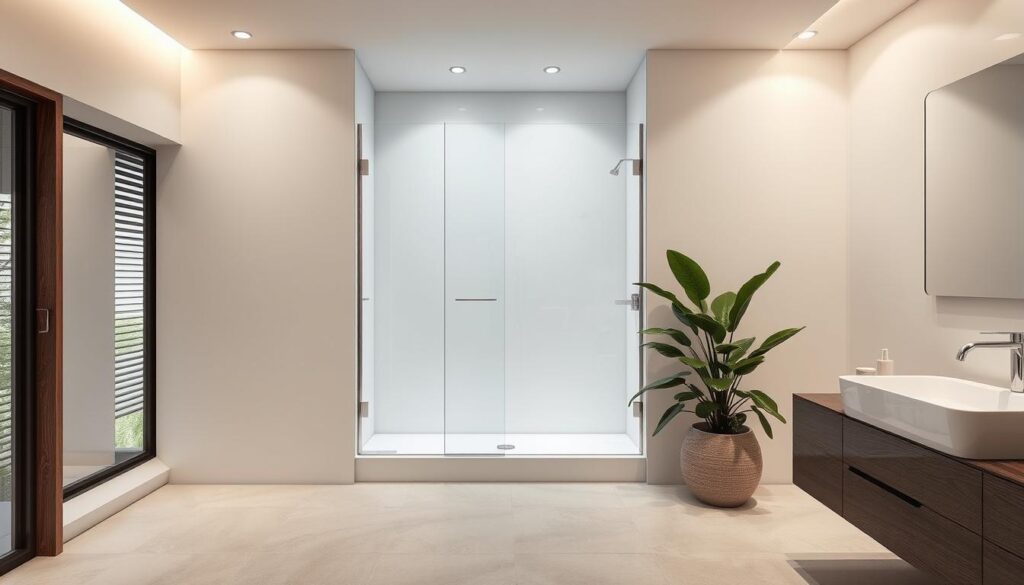 A spacious, modern bathroom interior with a custom-built glass shower enclosure occupying a recessed niche. The shower niche features clean, minimalist lines and is framed by sleek, polished chrome hardware. Soft, diffused lighting illuminates the space, creating a spa-like ambiance. The glass panels are seamlessly integrated, with a frameless design that emphasizes the sense of openness and visual continuity. The floor is covered in large-format, neutral-toned tiles that complement the overall sophisticated aesthetic. Lush greenery, such as a potted plant, adds a touch of natural warmth to the scene. This image conveys the bespoke, tailored nature of the shower niche solution, showcasing the high-quality, custom-made craftsmanship.