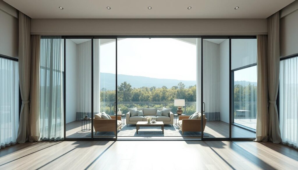 A spacious, modern living room with a large, floor-to-ceiling glass door filling the frame. The glass panels are sleek and seamless, allowing an abundance of natural light to pour in, creating a bright and airy atmosphere. The glass door glides effortlessly on a minimalist track system, blurring the boundaries between indoor and outdoor spaces. The room is furnished with a comfortable couch and accent chairs, strategically positioned to take advantage of the panoramic view beyond the glass. Soft, diffused lighting from overhead fixtures and table lamps casts a warm, inviting glow, while discreet curtains on the sides can be used to adjust the level of privacy as needed. The overall scene evokes a sense of openness, tranquility, and a harmonious integration of the home with its surroundings.