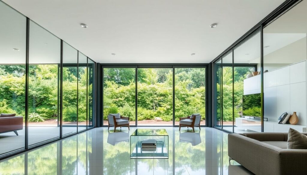 A spacious, modern living room with sleek, floor-to-ceiling glass doors that seamlessly integrate the indoor and outdoor spaces. The glass panels capture the natural light, creating a bright and airy ambiance. The minimalist metal frames accentuate the clean, elegant design, while the glass itself appears crystal-clear and flawless. The glass doors open up to a lush, verdant garden, blurring the boundaries between the indoors and outdoors. The overall scene exudes a sense of refined sophistication and effortless luxury, perfectly suited for the discerning homeowner.