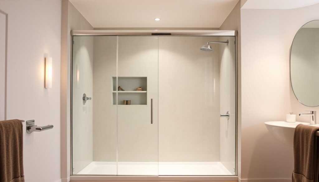 A spacious, well-lit bathroom with a sleek, frameless glass shower enclosure. The shower door is a seamless sliding panel, showcasing the high-quality materials and precise craftsmanship of a customized Duschabtrennung. The glass is perfectly clear, allowing unobstructed views of the shower area and creating an illusion of spaciousness. The sturdy, chrome-plated hardware glides smoothly, effortlessly opening and closing the door. Carefully selected fixtures and fittings complement the minimalist design, exuding a sense of modern luxury. Warm, indirect lighting casts a soft glow, enhancing the overall ambiance and highlighting the premium quality of the shower enclosure.
