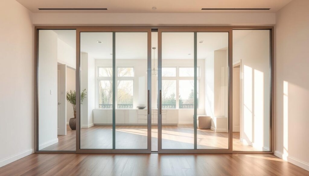 A spacious, well-lit interior featuring a seamless, floor-to-ceiling glass sliding door that effortlessly glides open and closed. The door is made of high-quality, crystal-clear tempered glass with a sleek, modern frame in a brushed metal finish. The glass panels are precisely measured and expertly installed, creating a seamless, minimalist aesthetic that complements the surrounding décor. Warm, natural lighting filters through the transparent panels, bathing the space in a soft, inviting glow. The door's smooth, effortless operation is showcased, highlighting the engineering and craftsmanship that went into its design. The scene exudes a sense of elegance, functionality, and attention to detail, reflecting the custom, tailored solutions offered by Glastuerhop24.