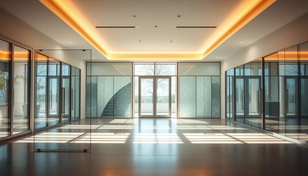 A spacious, well-lit interior with a stunning array of ganzglastüren, or all-glass doors, showcasing a range of designs, textures, and finishes. In the foreground, a sleek, minimalist all-glass door with a seamless, frameless silhouette, its crystal-clear surface reflecting the surrounding environment. In the middle ground, a series of ganzglastüren with subtler satin or frosted finishes, adding depth and visual interest. The background features a variety of glass door designs, from simple clear panels to those with intricate patterns or tinted hues, capturing the versatility and elegance of these high-quality glass solutions. Soft, warm lighting accentuates the transparency and translucency of the glass, creating a serene, sophisticated atmosphere.