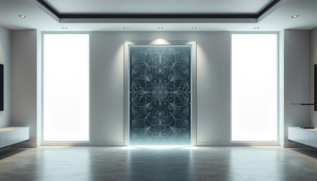 A spacious, well-lit living room with a modern, minimalist design. In the center, a sleek glass door with an elegant, abstract motif pattern etched into the surface, casting intricate shadows and refractions of light across the room. The door is set within a clean, contemporary frame, seamlessly integrated into the overall aesthetic. Soft, diffuse illumination from overhead fixtures bathes the scene in a warm, inviting glow, highlighting the smooth, reflective qualities of the glass. The room's neutral color palette and sparse furnishings allow the captivating glass door to take center stage, showcasing its versatility as a design feature that can elevate any living space.
