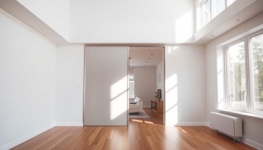 A spacious, well-lit room showcasing a sleek, custom-made sliding door system. The door's height seamlessly matches the room's ceiling, creating a harmonious and visually-appealing aesthetic. Soft, natural light filters through large windows, illuminating the room's minimalist decor and hardwood flooring. The sliding door's smooth, brushed metal frame complements the modern, neutral color palette, effortlessly blending form and function. Subtle shadows cast by the door's motion add depth and dimension, while the lack of visible hardware or tracks maintains a clean, uninterrupted visual flow. This tailored, space-saving solution exemplifies how a made-to-measure sliding door can elevate the style and efficiency of any living space.