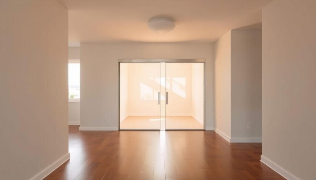 A spacious, well-lit room with a modern, minimalist aesthetic. In the center, a sleek sliding glass door system seamlessly glides along the wall, its frameless panels reflecting the warm natural light. The door's clean, contemporary design effortlessly blends with the surrounding neutral-toned walls and hardwood flooring. The sliding mechanism is discreetly integrated, creating a harmonious, uninterrupted visual flow. Subtle hardware accents and a flush door track add to the refined, high-quality appearance. The overall scene conveys a sense of elegant simplicity, showcasing the versatility and space-saving benefits of a wall-mounted sliding door system.