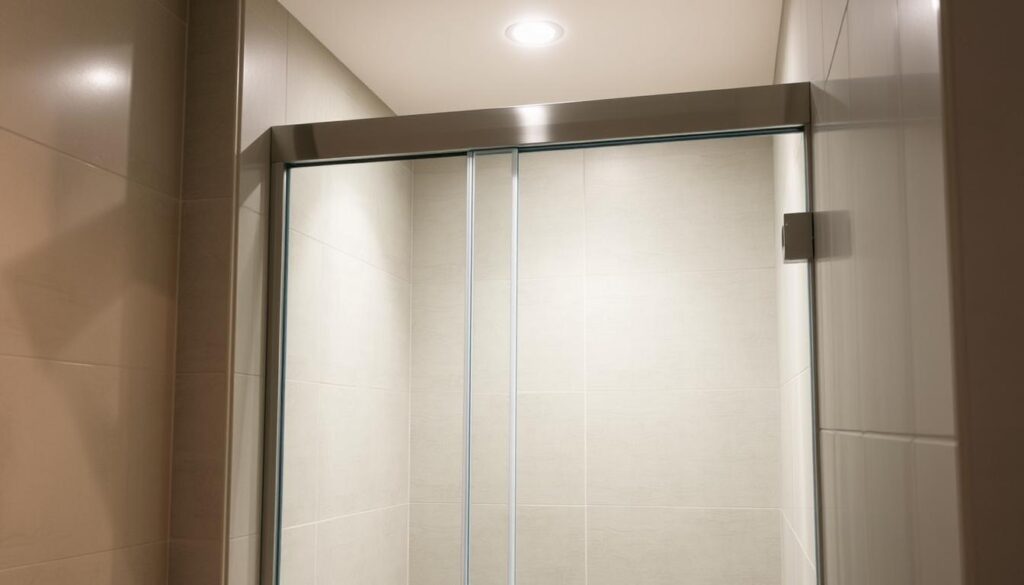 A stainless steel shower enclosure recessed into a sleek, modern niche. The frameless glass panels seamlessly integrate with the tiled walls, creating a minimalist, spa-like ambiance. Soft, diffused lighting from above gently illuminates the space, casting a warm, inviting glow. The brushed metal hardware and hinges gleam, complementing the clean, contemporary design. The shower enclosure is precisely fitted, with a tight seal and effortless sliding mechanism, ensuring a streamlined, leak-free experience. The overall impression is one of understated elegance, where form and function harmonize to create a luxurious, yet practical, bathing oasis.