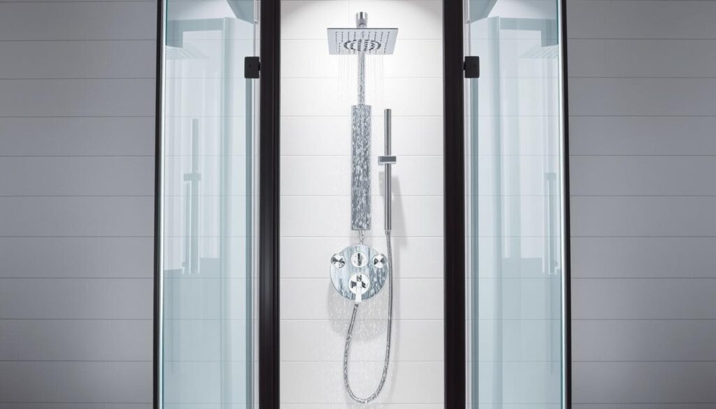 A striking display of high-end shower solutions, showcasing the latest innovations from renowned brands. In the foreground, a sleek, frameless 90x90 shower enclosure with a seamless glass panel reflects the interplay of light and water. Centered, the focal point is a state-of-the-art shower system, its chrome accents gleaming under a soft, natural lighting. In the background, a crisp, minimalist tiled wall provides a clean, contemporary backdrop, highlighting the premium quality and attention to detail of the featured products. The overall scene exudes a sense of luxury, functionality, and the pinnacle of modern bathroom design.