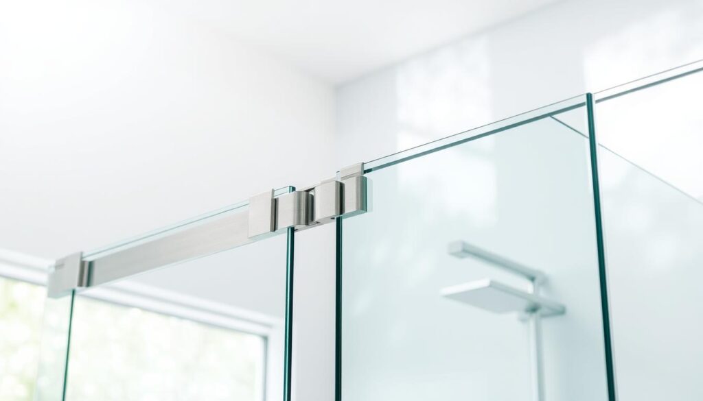 A stunning glass enclosure bathed in soft, natural lighting, showcasing the innovative design and craftsmanship of Glastürhop24's creations. The frameless glass panels seamlessly integrate with sleek, brushed metal hardware, creating a minimalist and elegant aesthetic. Intricate details, such as the precision-engineered hinges and the seamless glass-to-glass connections, highlight the exceptional quality and attention to detail. The entire composition radiates a sense of modern sophistication, safety, and individual style, perfectly embodying the essence of "Glas und Beschläge: Sicherheit, Design und Individualität".