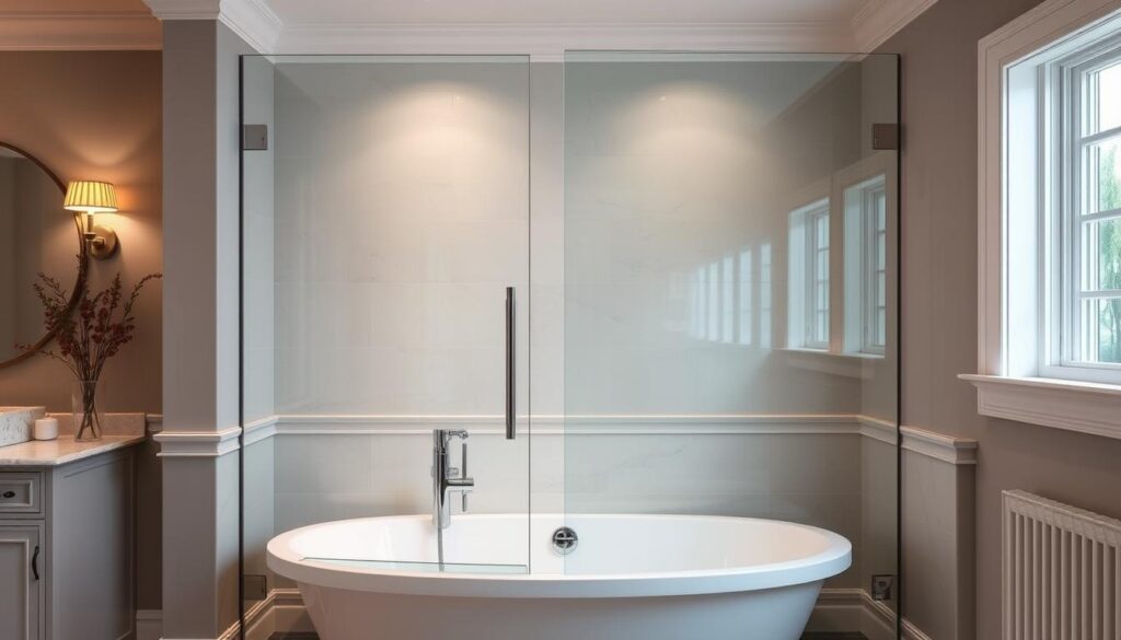 A stylish and modern glass shower enclosure, designed as a seamless addition to a classic bathtub. The structure features clean lines, sleek panels, and a frameless design that blends effortlessly with the surrounding bathroom decor. Warm, indirect lighting from sconces casts a soft, inviting glow, creating a spa-like ambiance. The glass panels are meticulously crafted, allowing for unobstructed views and a sense of openness. The overall composition conveys a luxurious and functional solution that enhances the beauty and practicality of the bathtub.