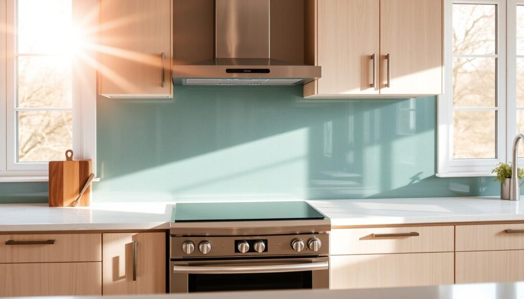 A stylish, custom-fitted glass backsplash takes center stage in a modern, well-appointed kitchen. Sunlight streams through large windows, casting a warm glow over the seamless glass surface. The backsplash reflects the kitchen's sleek, minimalist design, with clean lines and a lustrous, frameless appearance. Subtle textures in the glass create a captivating depth and subtle shimmering effects. Stainless steel appliances and light wood cabinetry provide a perfect balance, while the glass backsplash remains the room's visual centerpiece, delivering a stunning, high-end aesthetic. The backsplash functions as both a stylish splatter guard and a striking architectural element, elevating the kitchen's overall sophistication.