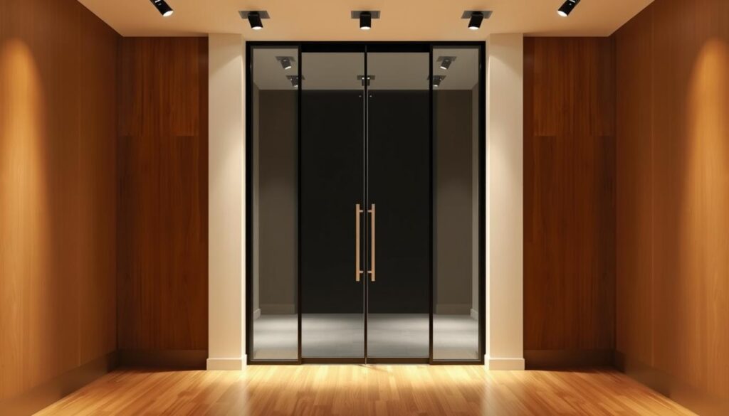 A stylish, modern interior with a sleek, floor-to-ceiling glass door in the center. The door features a minimalist, frameless design, allowing for a seamless, unobstructed view through the glass. The glass is tinted to provide privacy while still allowing natural light to flood the space. The door is flanked by a pair of smooth, wooden walls, creating a warm and inviting contrast with the cool, contemporary glass. Subtle track lighting highlights the door's elegant silhouette, casting a soft, ambient glow throughout the room. The overall atmosphere is one of refined simplicity, where the glass door serves as the focal point, elevating the space with its stunning, architectural presence.