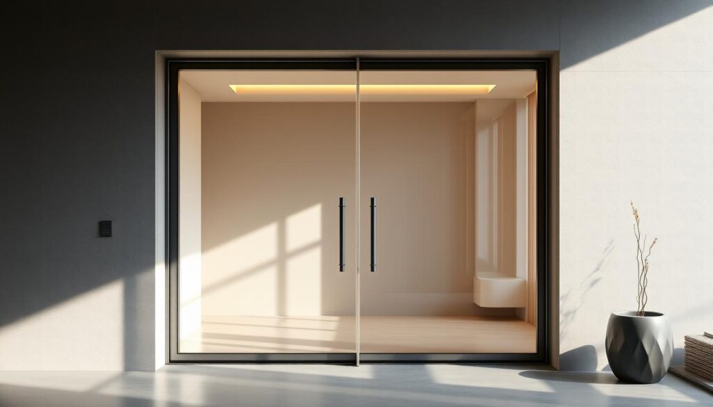 A stylish, modern "schwingtür" (swing door) made of elegant glass panels suspended in a sleek, minimalist frame. The door appears to float effortlessly, its smooth, seamless movement creating an impression of lightness and grace. Soft, diffused natural lighting filters through the translucent glass, casting a warm, inviting glow and highlighting the door's minimalist design. The frameless construction and clean lines contribute to an overall sense of simplicity and sophistication, perfectly complementing the luxurious, high-end aesthetic of the surrounding space.