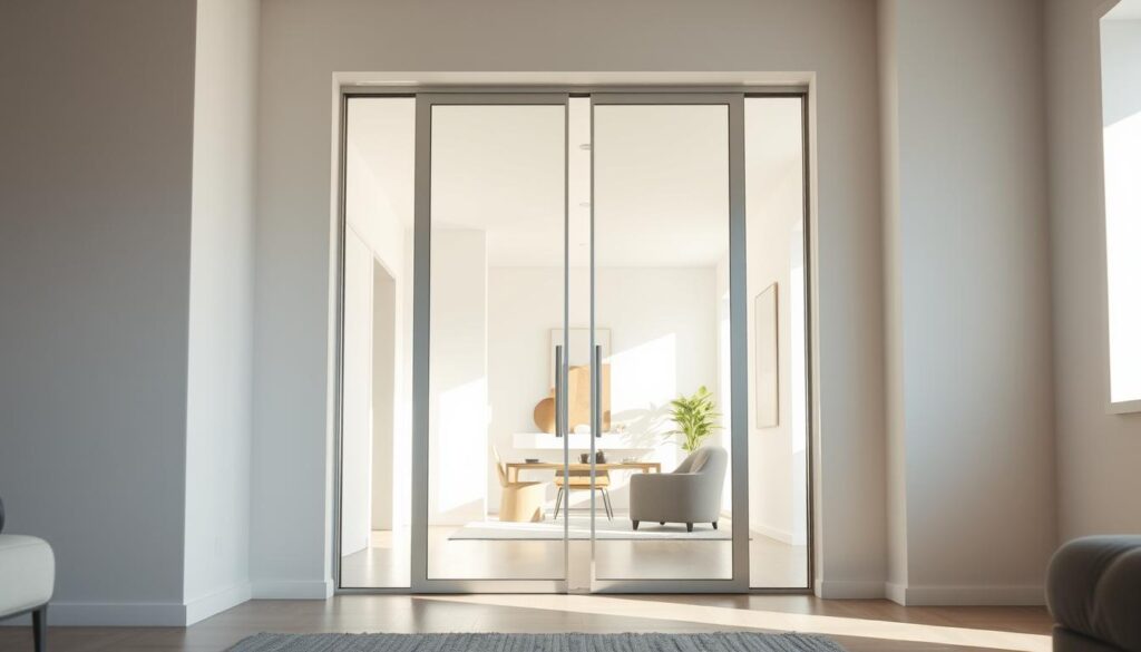 A sunlit pendeltür (swing door) in a modern, minimalist living space. The glass panel is seamlessly integrated into the white walls, creating a sense of openness and flow between rooms. Soft natural light filters in, casting gentle shadows and highlighting the clean lines of the architecture. The door's sleek, frameless design exudes a high-end, luxurious aesthetic. The space beyond the door is slightly blurred, inviting the viewer to imagine the interconnected rooms beyond. The overall mood is one of elegance, sophistication, and effortless functionality.