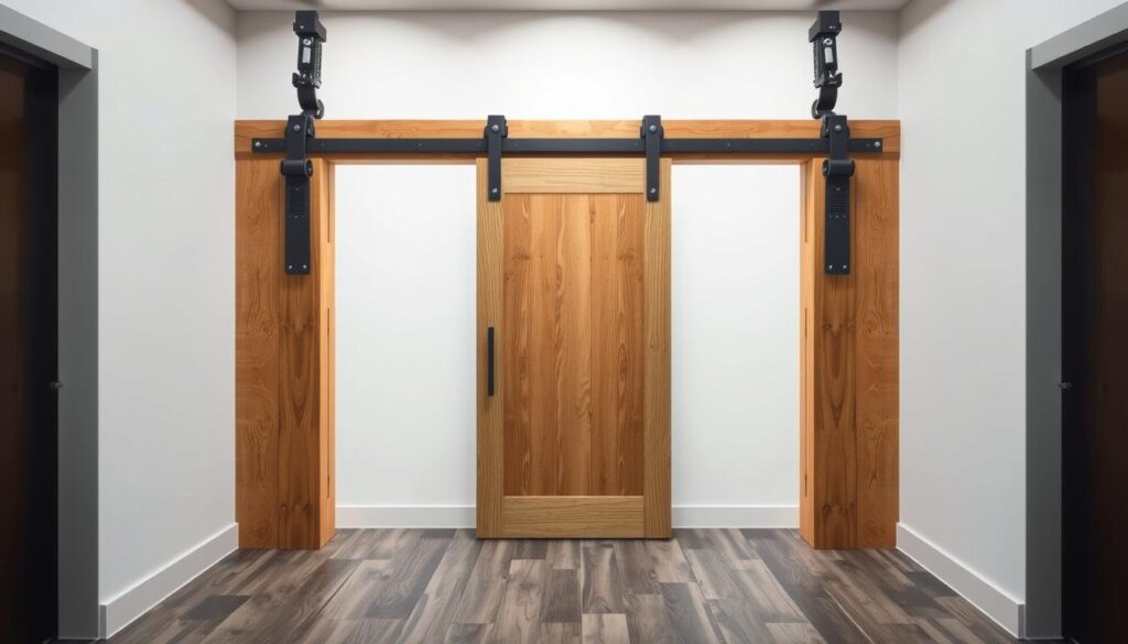 A technical wooden sliding door mechanism, showcased in a well-lit, minimalist setting. The foreground features the intricate hardware, rollers, and tracks that enable the smooth operation of the door. The middle ground displays the door panel itself, crafted from beautiful, natural wood grain. The background offers a clean, uncluttered environment, allowing the engineering and design of the sliding door system to take center stage. The lighting is bright yet soft, accentuating the textures and details. The camera angle is positioned to provide a clear, comprehensive view of the sliding door's inner workings, inviting the viewer to appreciate the thoughtful engineering behind this elegant home solution.