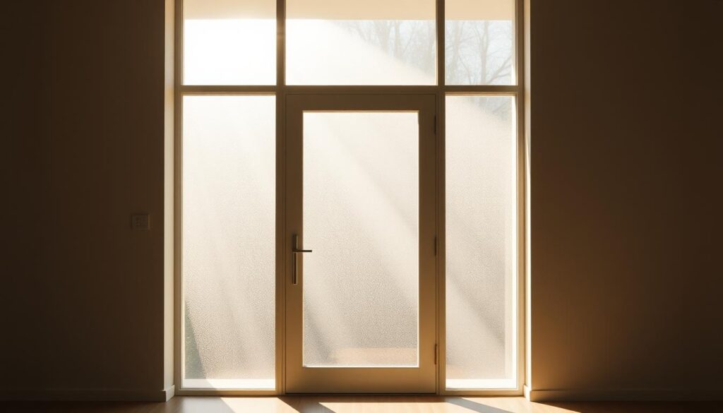 A tranquil, sun-dappled interior with an elegant glass-paneled door, allowing natural light to flood the space. The door's sleek, minimalist frame accentuates the play of light and shadow, creating a refined, sophisticated ambiance. Soft, diffused illumination filters through the translucent glass, casting a warm, inviting glow throughout the room. The door's placement invites the viewer to imagine the space beyond, hinting at the harmony between indoor and outdoor environments. Subtle reflections on the glass surface add depth and dimension, elevating the design's visual interest. This captivating Lichtausschnitt, or "light cutout," showcases how thoughtfully integrated glass can elevate the style and atmosphere of any modern living space.