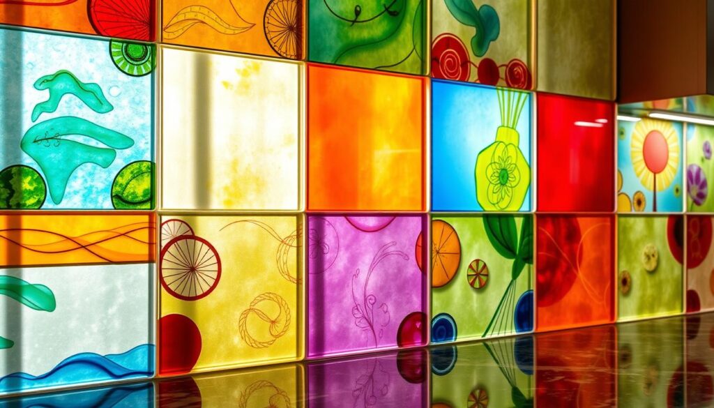 A vibrant and diverse collection of glass kitchen backsplashes, showcasing a captivating array of colors, patterns, and artistic designs. Shimmering glass surfaces catch the light, creating a dynamic, eye-catching visual feast. Sleek, modern frames in a variety of finishes complement the glass panels, seamlessly blending form and function. Carefully crafted motifs, ranging from abstract geometrics to nature-inspired motifs, dance across the surface, inviting the viewer to explore the boundless possibilities of customizable glass kitchen decor. Warm, directional lighting accentuates the depth and transparency of the glass, evoking a sense of warmth and sophistication. This visually striking display celebrates the design versatility and artistic potential of glass, making it the perfect choice for the discerning homeowner seeking to elevate their kitchen's aesthetic.