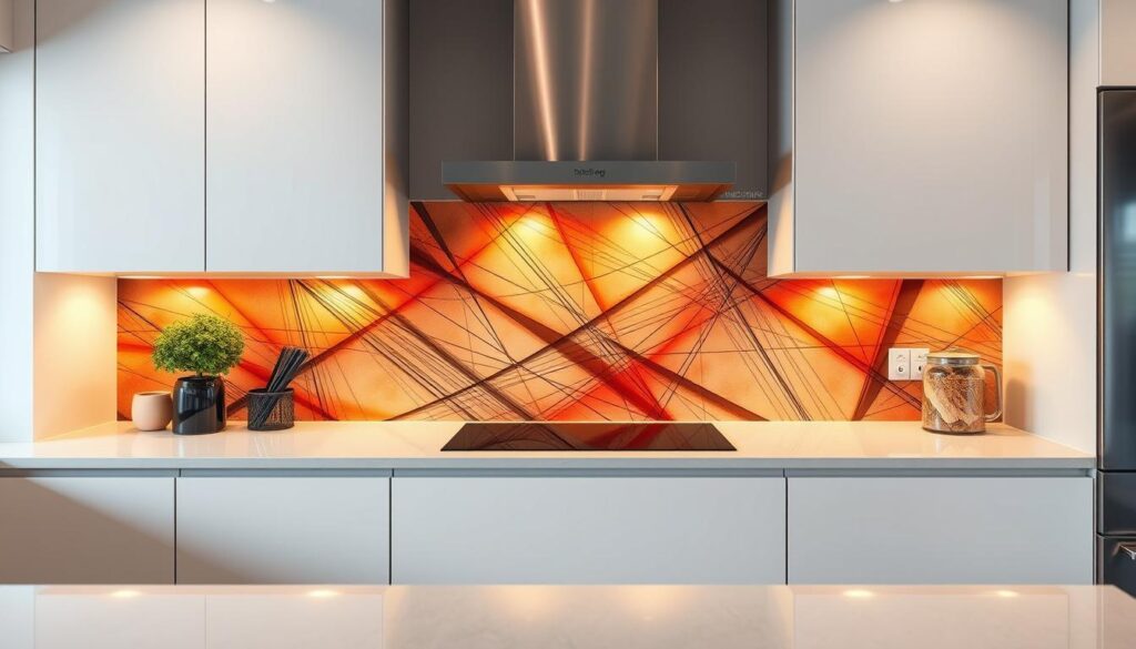 A vibrant, custom-designed kitchen backsplash featuring a stunning "wunschmotiv" (desired motif) against a sleek, minimalist background. The motif is a visually striking, abstract pattern of intersecting lines and shapes in a harmonious color palette, perhaps with subtle gradients or textures to add depth and visual interest. The design is illuminated by warm, directional lighting that casts gentle shadows, creating a sense of depth and dimensionality. The backsplash is the focal point of the kitchen, elegantly complementing the modern, high-end cabinetry and appliances. The overall mood is one of sophistication, creativity, and the perfect blend of form and function.