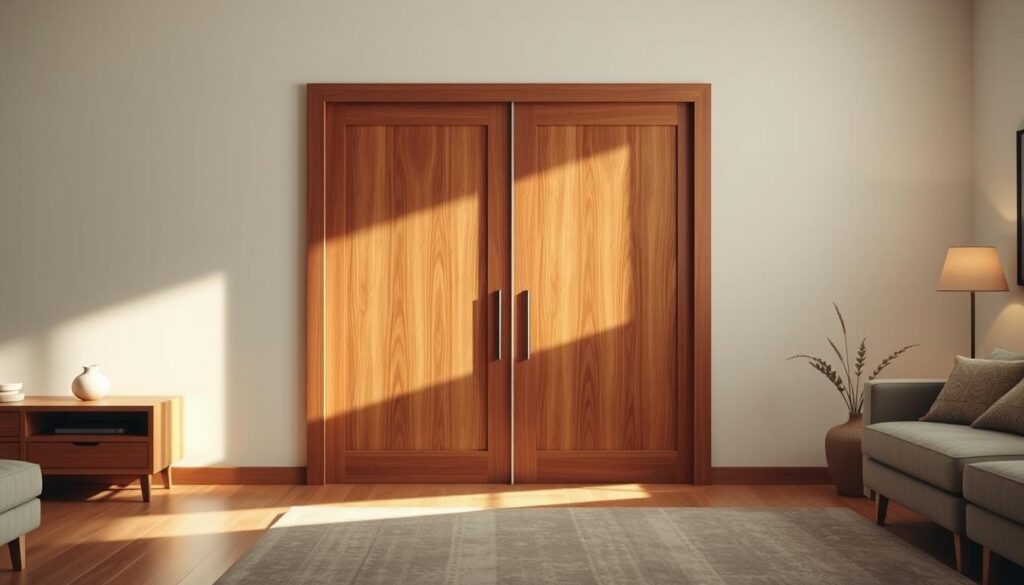 A warm, inviting living room with a pair of elegant wooden sliding doors. The doors feature a rich, natural wood grain texture, seamlessly blending with the room's decor. Soft, diffused lighting from a large window illuminates the scene, casting a cozy glow. The doors' smooth, minimalist design creates an effortless transition between spaces, enhancing the open, airy feel of the room. Subtle shadows and highlights accentuate the doors' craftsmanship, conveying a sense of quality and attention to detail. The overall atmosphere is one of tranquility, comfort, and refined style, perfectly complementing the article's subject and section title.