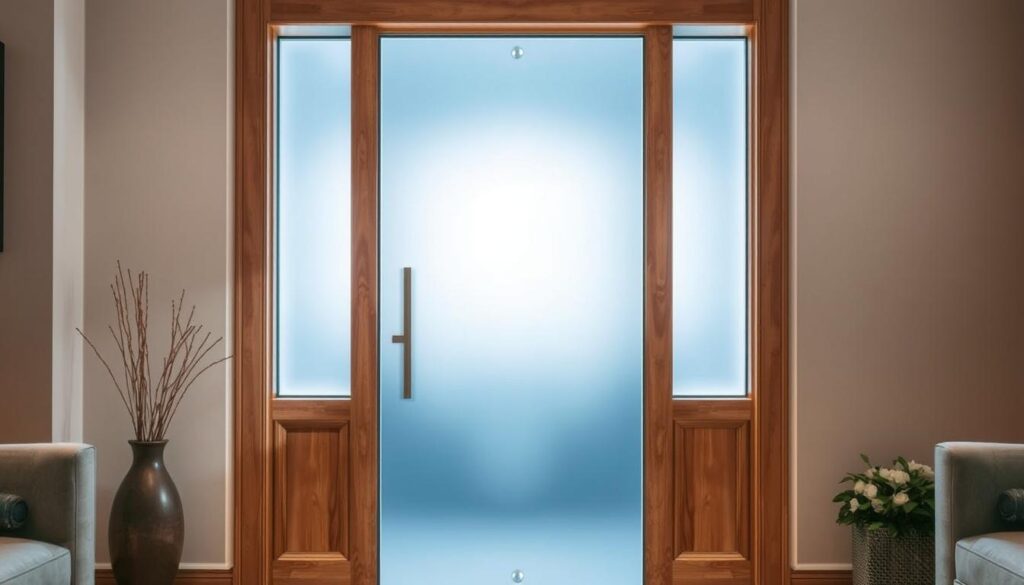 A warm, well-lit glass door with a modern, minimalist design stands tall in a cozy, inviting room. The door's frame is made of sturdy, polished wood, complementing the sleek, transparent glass panel that fills the center. Soft, diffused light filters through the glass, casting a gentle glow and highlighting the intricate details of the door's craftsmanship. The scene exudes a sense of elegance and sophistication, inviting the viewer to step through and explore the personalized, tailored space beyond. The composition showcases the door as the focal point, capturing its bespoke nature and the quality of the customization service offered by Glastuerhop24.