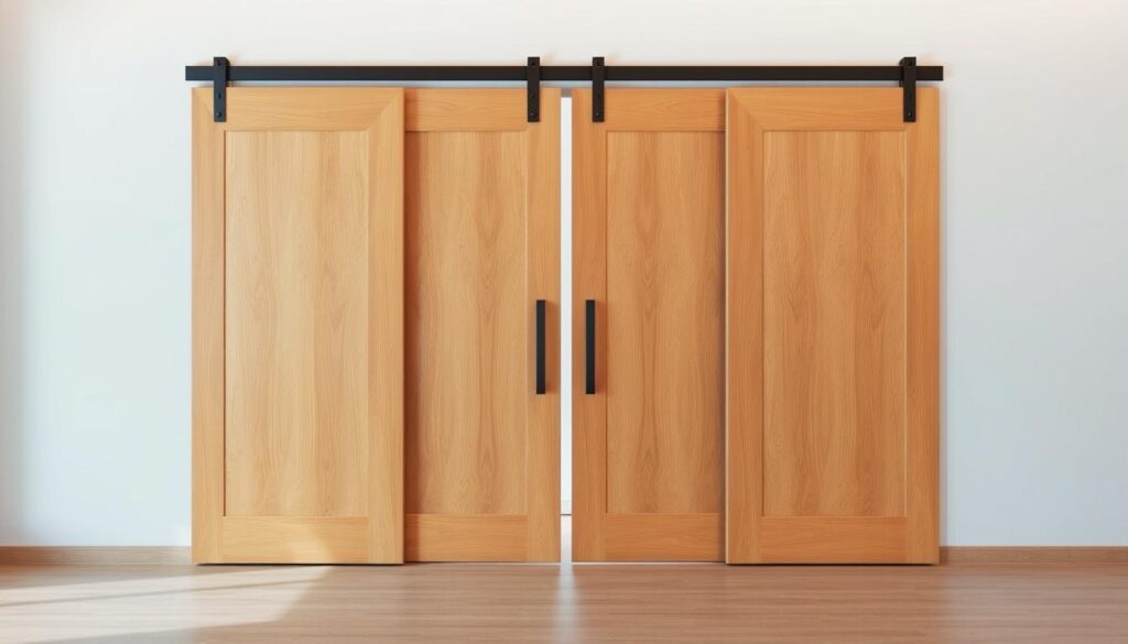 A warm, well-lit wooden sliding door in a modern, minimalist interior. The door panels are crafted from rich, natural wood grain, with a sleek, contemporary design. The door glides effortlessly on a sturdy track system, seamlessly integrating into the space. Soft, diffused lighting casts a gentle glow, accentuating the depth and texture of the wood. The setting is airy and inviting, reflecting the high-quality craftsmanship and timeless aesthetic of the sliding door. The overall atmosphere conveys a sense of sophistication and functionality, perfectly suited for a modern living or working environment.