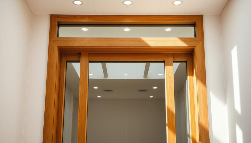 A well-crafted glass door frame set against a bright, airy backdrop. The sturdy, precision-engineered wooden surround is showcased in a warm, natural finish, its clean lines and seamless integration with the glass panels conveying a sense of quality and attention to detail. Soft, diffused lighting from overhead sources illuminates the space, casting gentle shadows that accentuate the depth and solidity of the installation. The glass panels themselves are crystal clear, allowing an unobstructed view through the entryway. An atmosphere of understated elegance and functional excellence pervades the scene, reflecting the stability and perfect fit promised by the "Zarge und Einbau" system.