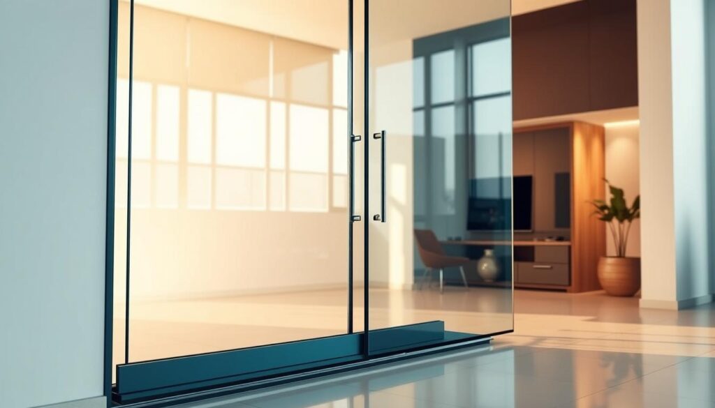 A well-designed, expertly-crafted glass sliding door with a sleek bottom-mounted track system, showcased in a pristine showroom setting. The door's frameless glass panels glide effortlessly on precision-engineered hardware, bathed in warm, natural lighting that highlights the material's transparency and seamless integration. The background features a minimalist, high-end interior design, emphasizing the door's role as a functional and aesthetic focal point. The composition captures the door's advanced engineering, premium quality, and harmonious integration into a modern, sophisticated living space - the ultimate expression of Glastuerhop24's expertise in glass sliding door solutions.