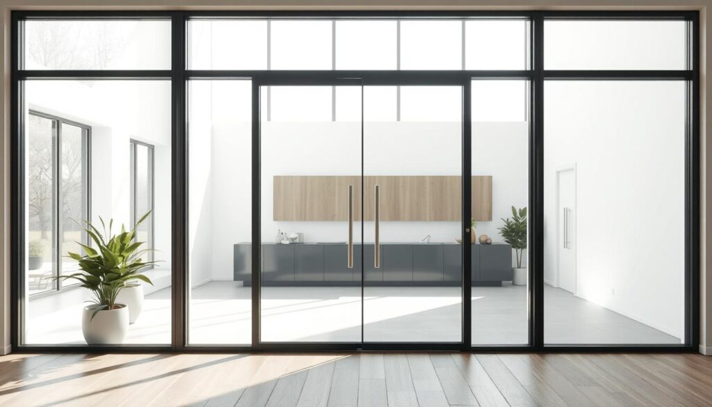 A well-designed, modern glass door in a bright, airy room with abundant natural light. The door features a sleek, minimalist frame in a matte black finish, complementing the clean lines and transparency of the tempered glass panels. The glass reflects the surroundings, creating a seamless integration with the interior space. Soft, diffused lighting from large windows illuminates the scene, casting gentle shadows and highlighting the elegant simplicity of the door's design. The overall atmosphere exudes a sense of sophistication, safety, and a touch of contemporary flair, perfectly capturing the essence of "Glastüren online kaufen bei Glastuerhop24 - Design, Sicherheit und schneller Service".