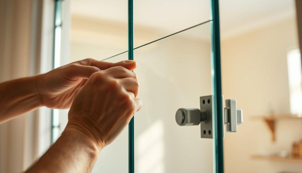 A well-lit, close-up montage of a glass panel installation, showcasing the intricate process of customizing a glass insert for a room door. The foreground captures the precise movements of skilled hands carefully aligning and securing the glass, while the middle ground reveals the technical details of the mounting hardware and the door's frame. The background softly blurs, creating a sense of depth and focus on the core action. The lighting is natural and diffused, casting warm, gentle shadows that accentuate the material's translucency and the overall sense of craftsmanship. The overall composition conveys a harmonious blend of technical precision and artistic flair, reflecting the care and attention required for a high-quality, durable glass door installation.