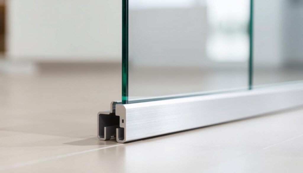 A well-lit, close-up shot of a modern glass door with a sleek, low-profile floor guide. The guide is made of durable aluminum or stainless steel, with a smooth, minimalist design that blends seamlessly with the glass panel. The guide is positioned to showcase its functionality, with attention to detail in the precision engineering and clean lines. The background is slightly blurred, placing the focus on the guide's construction and how it facilitates the effortless sliding motion of the glass door. The overall impression conveys the high-quality, contemporary aesthetic of the Glastuerhop24 product line.