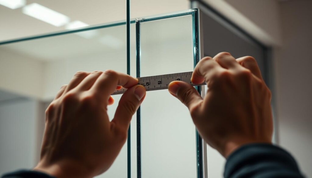 A well-lit, close-up view of a person's hands carefully measuring the dimensions of a glass door frame, showcasing the precision and attention to detail required when selecting the right custom glass door solution. The frame is made of sleek, modern materials, and the lighting accentuates the clarity and transparency of the glass. The overall scene conveys a sense of thoughtfulness and consideration in the decision-making process, reflecting the importance of finding the perfect glass door to complement the interior design.