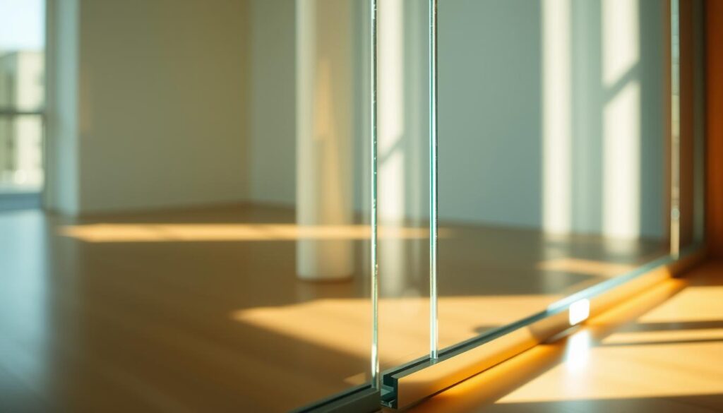 A well-lit, close-up view of a sparkling clean glass door, its surface meticulously polished and gleaming. The door is set against a softly blurred, minimalist background, allowing the clarity and brilliance of the glass to take center stage. Warm, natural lighting bathes the scene, accentuating the door's transparency and reflecting off its pristine surface. The angle is slightly elevated, providing a slightly elevated perspective that showcases the door's elegant, seamless design. The overall mood is one of refinement, attention to detail, and the satisfaction of a job well done in maintaining the glass's long-lasting luster.