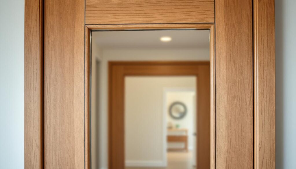 A well-lit, contemporary glass inset in a wooden door frame, showcasing the intricate craftsmanship and design elements. The glass panel is positioned at eye level, allowing for a captivating "lichtausschnitt" or "light cutout" effect. The background is a softly blurred, neutral-toned interior, emphasizing the focal point of the door. The lighting is natural, with soft, diffused illumination highlighting the grain and texture of the wood, as well as the clarity and transparency of the glass. The overall composition conveys a sense of modern elegance and attention to detail, suitable for a high-quality article on customizable glass-paneled interior doors.