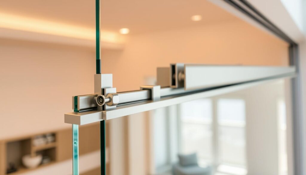 A well-lit, detailed closeup shot of a complete sliding glass door assembly from Glastuerhop24. The foreground shows the smooth, sleek glass panel with polished metal hardware fittings. The middle ground reveals the hidden sliding mechanism with rollers and tracks. The background provides a clean, modern interior setting to showcase the elegant design. Warm, natural lighting gently illuminates the scene, highlighting the high-quality materials and seamless integration. The overall composition emphasizes the easy, effortless operation and premium craftsmanship of this customizable sliding glass door system.