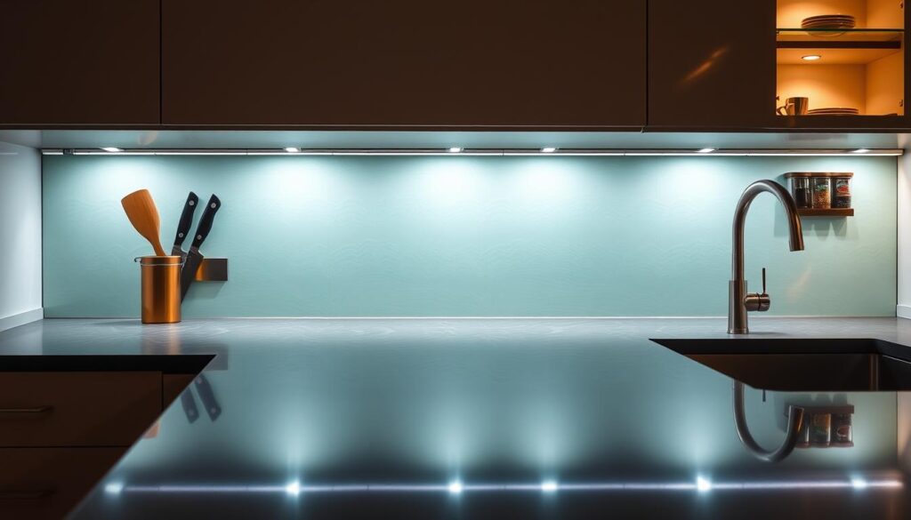 A well-lit glass backsplash in a modern kitchen, reflecting the warm glow of integrated LED lighting. The glass surface appears seamless, with a subtle texture that catches the light. Brushed metal accents, such as magnetic knife strips or spice racks, are artfully integrated into the design, creating a harmonious, high-end aesthetic. The backsplash extends from the countertop to the cabinets, providing a sleek and functional focal point. Soft shadows and highlights emphasize the depth and transparency of the glass, while the overall composition conveys a sense of understated luxury and attention to detail.