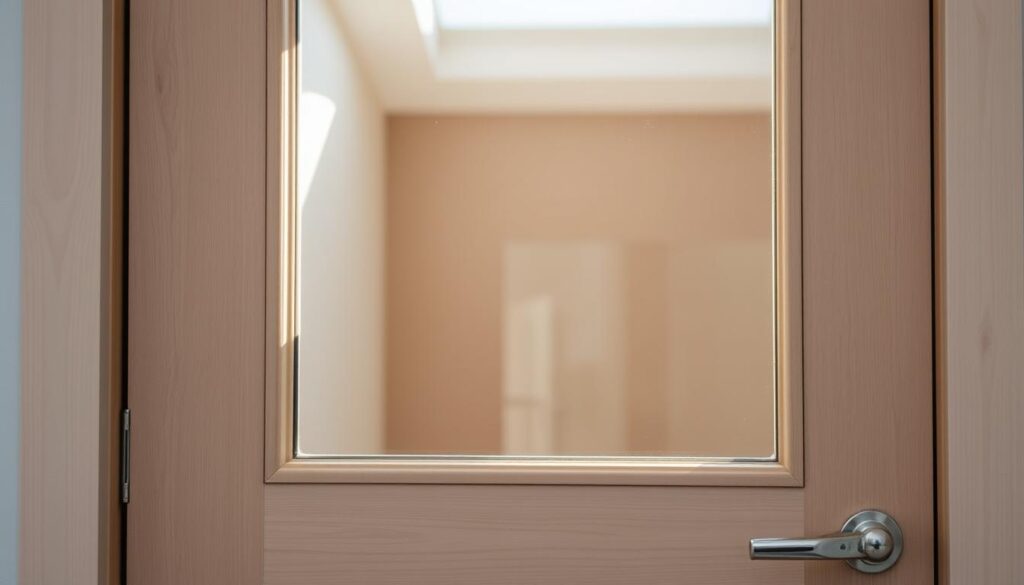 A well-lit glass panel in a wooden door frame, showcasing the intricate details of a "lichtausschnitt" design. The glass pane is framed by clean, minimalist edges, allowing the natural light to filter through and create a warm, inviting ambiance. The door's surface is finished in a muted, neutral tone, complementing the glass panel's transparency. Subtle metallic hardware accents the design, adding a touch of sophistication. The composition is captured from a slightly elevated angle, emphasizing the harmonious integration of the glass and wood elements. The overall scene exudes a sense of modern, Scandinavian-inspired elegance, perfect for illustrating the section on "Tür mit Glaseinsatz: Kanten, Farben, Sprossen und technische Details".