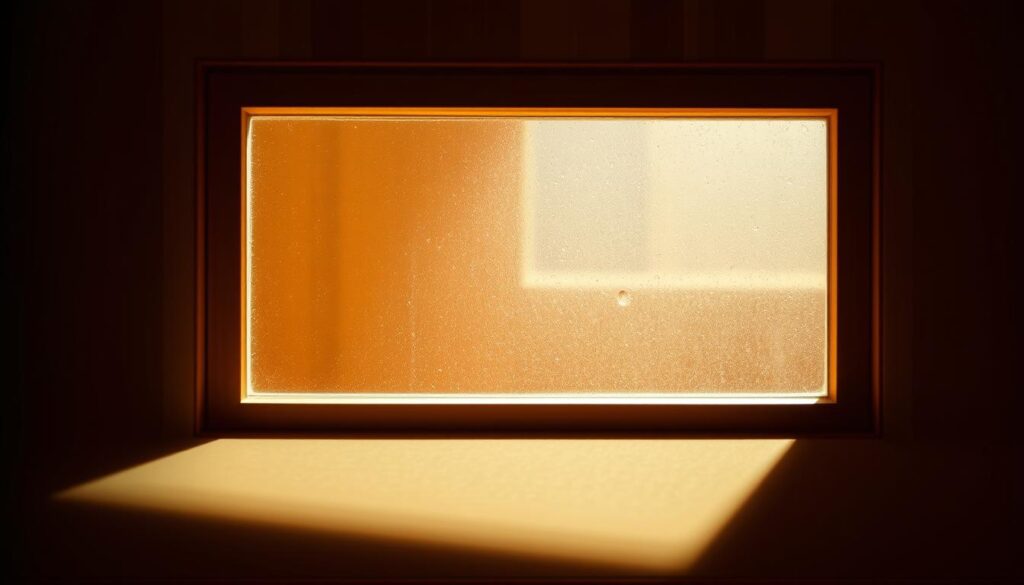 A well-lit glass panel set into a warm, wooden door frame. The glass pane casts a soft, diffused light, creating a cozy, inviting atmosphere. The door's surface is smooth and polished, with a subtle grain pattern that adds visual interest. The lighting is carefully curated, with a mix of natural daylight filtering in from the side and gentle, indirect artificial illumination. The angle of the shot highlights the depth and transparency of the glass, showcasing its quality and clarity. The overall composition emphasizes the seamless integration of the glass element into the door's design, creating a harmonious and visually appealing focal point.