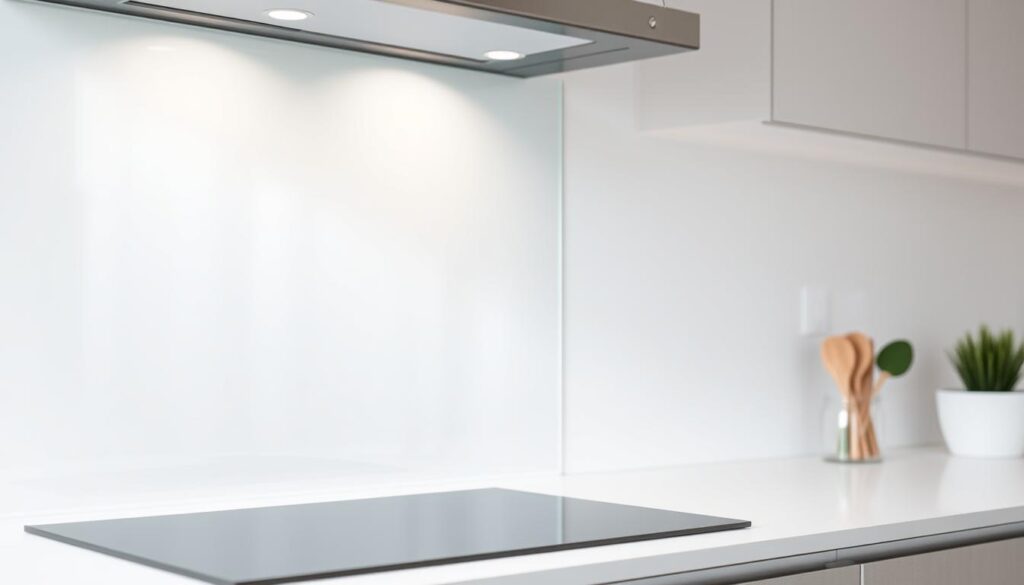 A well-lit, high-quality close-up image of a tempered glass splashback against a modern, minimalist kitchen interior. The glass panel has a sleek, seamless design with polished edges, reflecting the soft light from overhead. The surface is perfectly smooth, providing an elegant and durable protective barrier against water, grease, and other kitchen messes. The image captures the quality and attention to detail that defines the "Service" aspect of the glastuerhop24.de offerings, showcasing their commitment to providing premium products and personalized customer support.