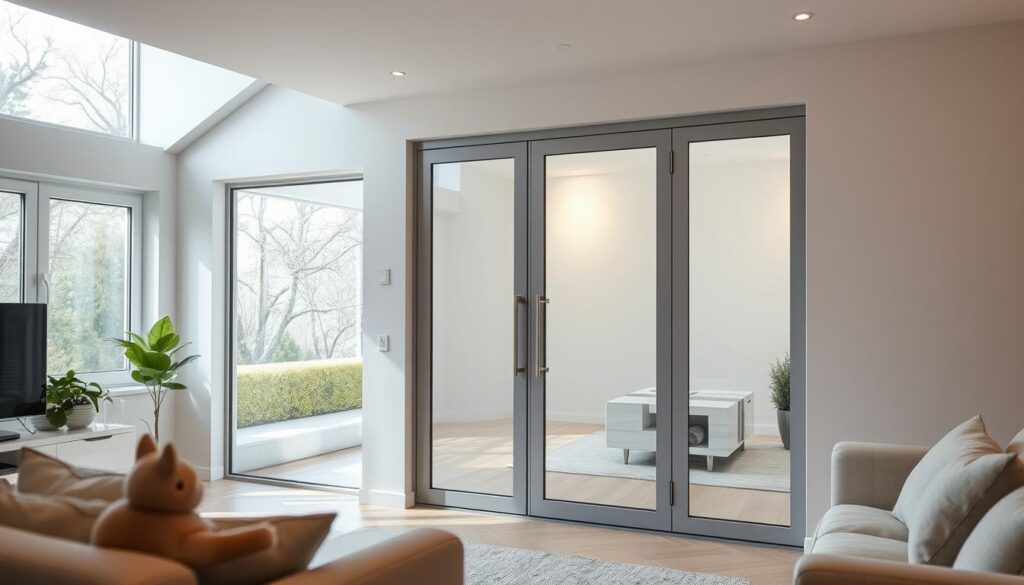 A well-lit, high-quality glass door installation in a modern living room setting. The glass panels are expertly fitted into a sleek, minimalist frame, creating a seamless, transparent barrier between the interior and exterior. The door's precise measurements and careful placement ensure a smooth, flush integration with the surrounding walls. Soft, diffused lighting from overhead fixtures and natural illumination from nearby windows cast a warm, welcoming glow, highlighting the clarity and elegance of the glass. The door's elegant design and thoughtful integration into the living space create a harmonious, sophisticated ambiance.