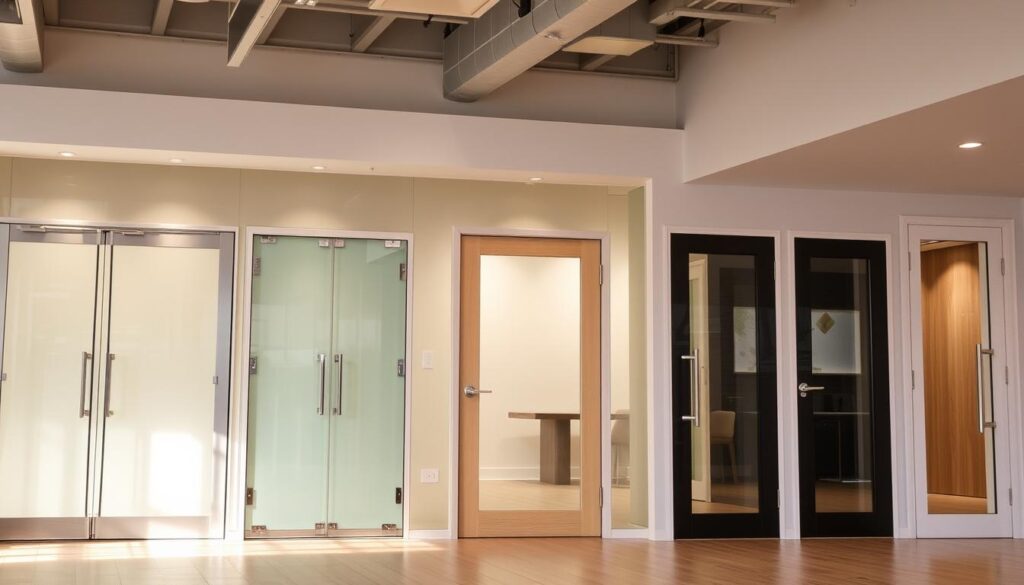 A well-lit, high-quality glass door showroom, with a selection of different glass door variants prominently displayed. The foreground features a range of tempered safety glass (ESG) and laminated safety glass (VSG) doors in various styles and finishes, including frameless, semi-frameless, and framed designs. The middle ground showcases the doors' hardware and fittings, highlighting the attention to detail and quality. The background subtly suggests a modern, minimalist interior setting, allowing the glass doors to take center stage. The overall atmosphere conveys a sense of elegance, sophistication, and the versatility of these glass door solutions.