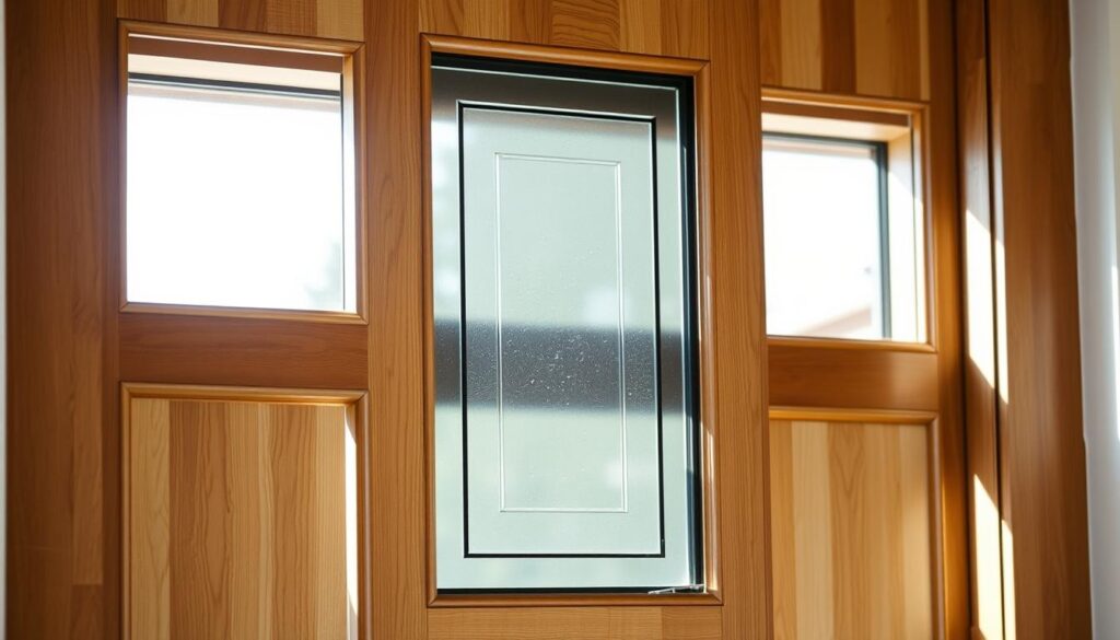 A well-lit, high-quality glass section of a wooden door, showcasing its intricate design and elegant appearance. The glass panel is positioned centrally, allowing natural light to flow through, illuminating the surrounding wooden frame. The door is photographed from a slightly elevated angle, capturing the depth and texture of the materials. The lighting is soft and diffused, creating a warm, inviting atmosphere that highlights the craftsmanship and attention to detail. The image should convey a sense of sophistication and modern aesthetic, suitable for an article discussing the various options and design considerations for glass-paneled doors in residential spaces.
