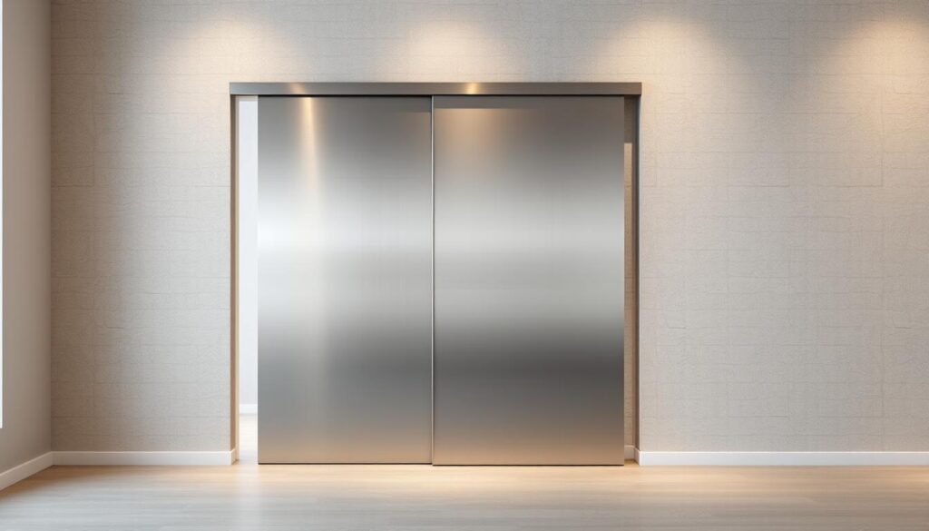 A well-lit, high-quality interior scene showcasing a modern, minimalist sliding door made of a sleek, brushed stainless steel material. The door has a clean, angular design with a seamless, frameless appearance, complementing the contemporary aesthetic of the room. The lighting creates a soft, diffused glow that accentuates the smooth, metallic finish of the door, giving it a premium, high-end look. The background features a neutral-toned, textured wall, allowing the sliding door to be the focal point of the composition. The overall mood is one of sophisticated, understated elegance, reflecting the high-quality, custom-made nature of the "Schiebetür" solution.