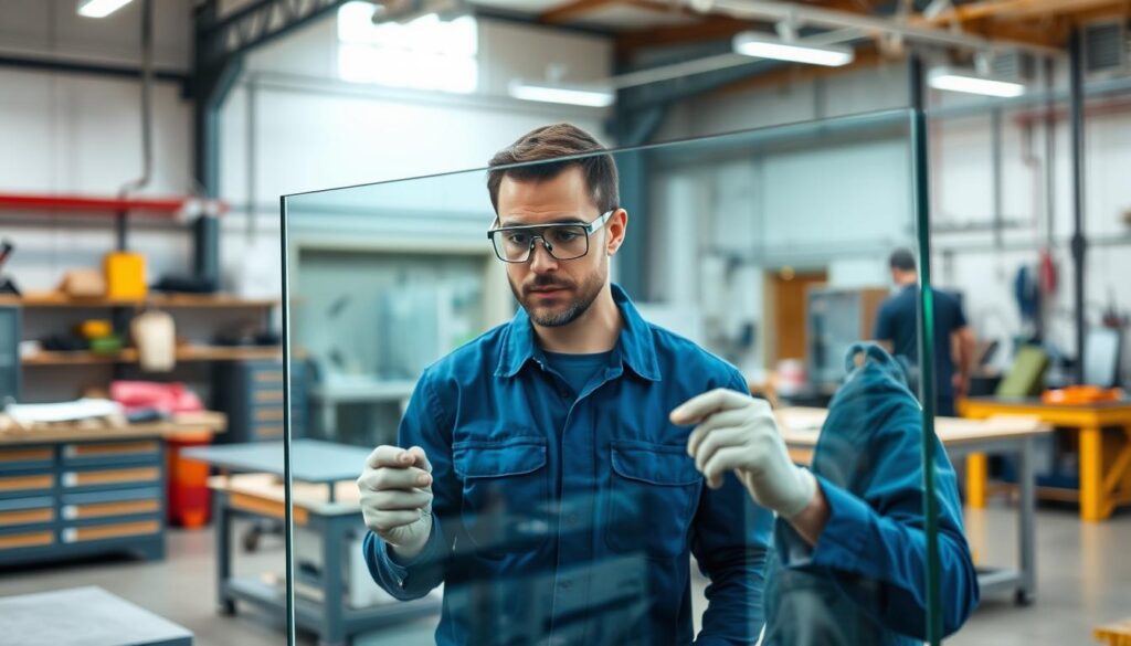 A well-lit, high-quality photograph of a glass service technician carefully inspecting a large pane of tempered safety glass. The technician is wearing a blue uniform and safety goggles, surrounded by a clean, modern workshop environment with workbenches, tools, and other glass-related equipment in the background. The glass pane is positioned prominently in the foreground, showcasing its clarity and structural integrity. The overall scene conveys a sense of professionalism, attention to detail, and a commitment to quality service and customer satisfaction.