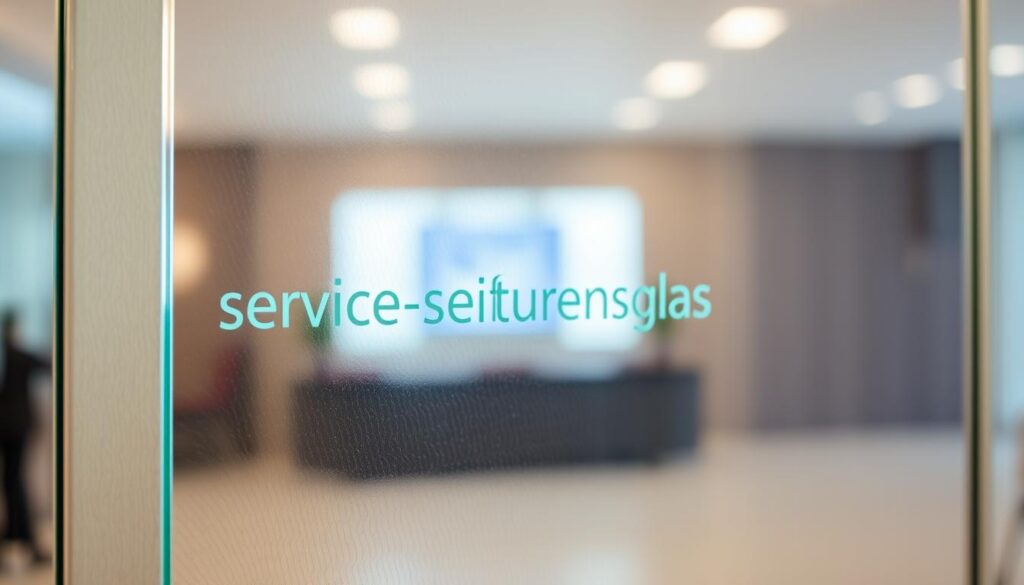 A well-lit, high-quality photograph showcasing a sleek, tempered glass door panel with the text "Service sicherheitsglas" prominently displayed. The glass has a smooth, seamless surface with a subtle tint, conveying a sense of quality and durability. The lighting is soft and diffused, creating a warm, inviting atmosphere. The camera angle is slightly elevated, allowing the viewer to appreciate the full height and width of the glass panel. The background is blurred, placing the focus entirely on the glass door and its textured surface. The overall impression is one of professionalism, attention to detail, and a commitment to providing high-quality glass products and services.