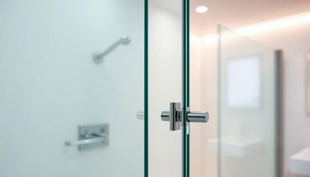 A well-lit, high-quality photograph showcasing the key features of a custom glass shower door. The foreground focuses on the glass panel, highlighting its precise measurements, thickness, and specialized coatings that provide water resistance and easy cleaning. The middle ground reveals the sturdy metal frame and hinges, demonstrating the door's stability and durability. The background subtly suggests a modern bathroom setting, with clean lines and neutral tones that complement the glass. The overall scene conveys a sense of elegance, functionality, and attention to detail, perfectly aligning with the "Kaufkriterien" section of the article.