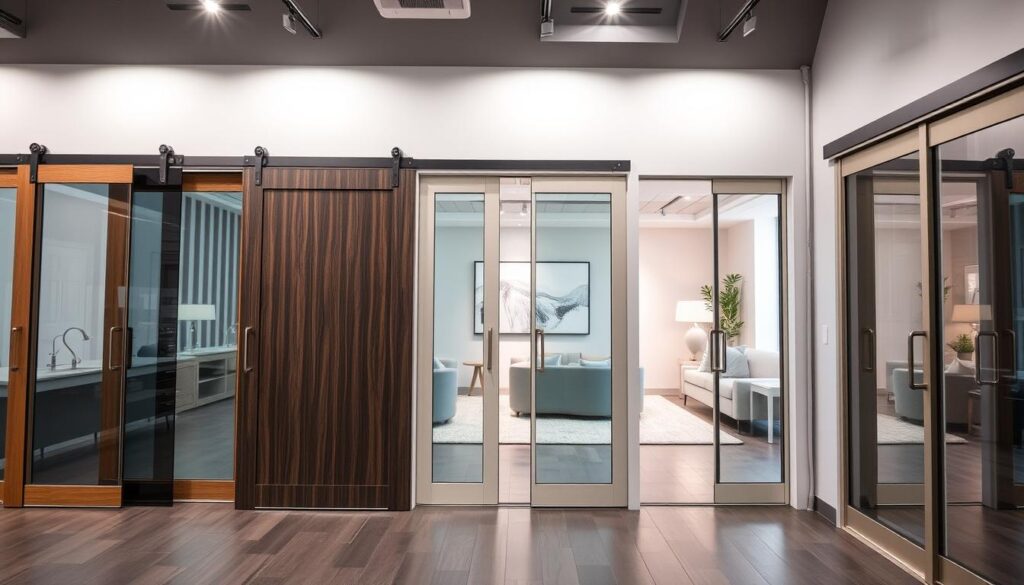 A well-lit, high-quality showroom display of various sliding door options, showcasing their stylish designs and premium materials. The foreground features a selection of modern, frameless glass sliding doors in diverse finishes and configurations, meticulously arranged to highlight their seamless aesthetic and smooth operation. The middle ground showcases different hardware and track systems, allowing the viewer to appreciate the technical details and customization possibilities. The background subtly depicts a minimalist interior setting, emphasizing how these sliding doors can elegantly integrate into a variety of contemporary living spaces. The overall scene conveys a sense of sophistication, attention to detail, and the convenience of easily selecting the perfect sliding door solution for one's home.
