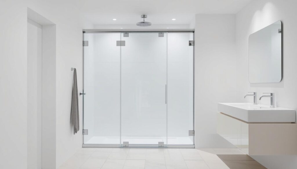 A well-lit, high-quality studio shot of a modern glass shower door in a clean, minimalist bathroom setting. The door is a frameless, swinging "montage pendeltür" design with a sleek, polished metal frame and tempered glass panels. The door is mounted on precision hinges, allowing for smooth, effortless operation. The bathroom features a tiled floor, white walls, and modern fixtures, creating a spa-like ambiance. The lighting is soft and diffused, accentuating the elegant simplicity of the shower door. The camera angle is slightly elevated, providing a clear, unobstructed view of the door's mechanics and installation.