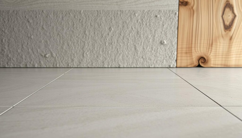 A well-lit, high-resolution close-up shot of various types of kitchen surfaces and materials, showcasing their textures and patterns. In the foreground, a smooth, glossy tile surface with a subtle sheen. In the middle ground, a grainy, mottled concrete slab. In the background, a weathered wood panel with distinct grain and knots. The lighting is soft and diffused, highlighting the intricate details and differences in the substrates. The overall mood is one of scientific examination, inviting the viewer to closely inspect and consider the suitability and durability of these "untergrund" materials for kitchen applications.