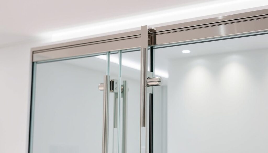 A well-lit, high-resolution image of a glass swing door with a striking metal hardware system in the foreground. The hardware features sleek, polished chrome hinges, handles, and other fixtures that seamlessly integrate with the glass panel. The door is situated in a minimalist, modern interior setting, perhaps a commercial or high-end residential space, with clean lines and neutral tones in the background. The overall composition emphasizes the technical precision and elegant design of the door hardware, conveying a sense of quality and sophistication.